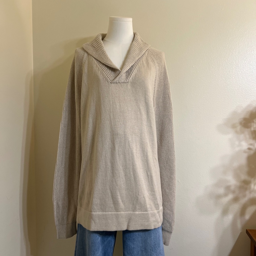 Express Tan Beige Shawl Collar 100% Cotton Knit Pullover Sweater L
